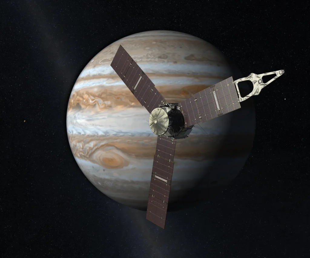 representación artística de sonda Juno en Júpiter